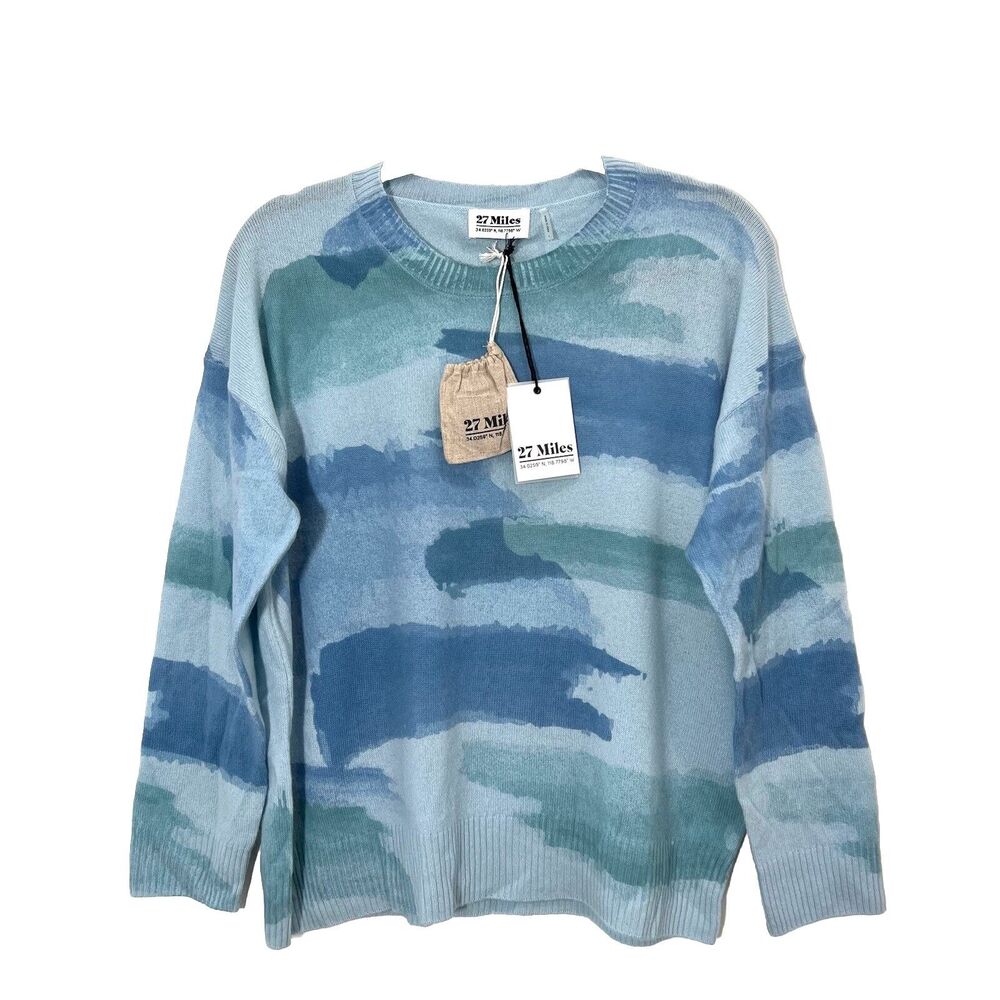 27 Miles Bennett Cashmere Sweater Women’s‎ L Blue Printed Pullover Long Sleeve